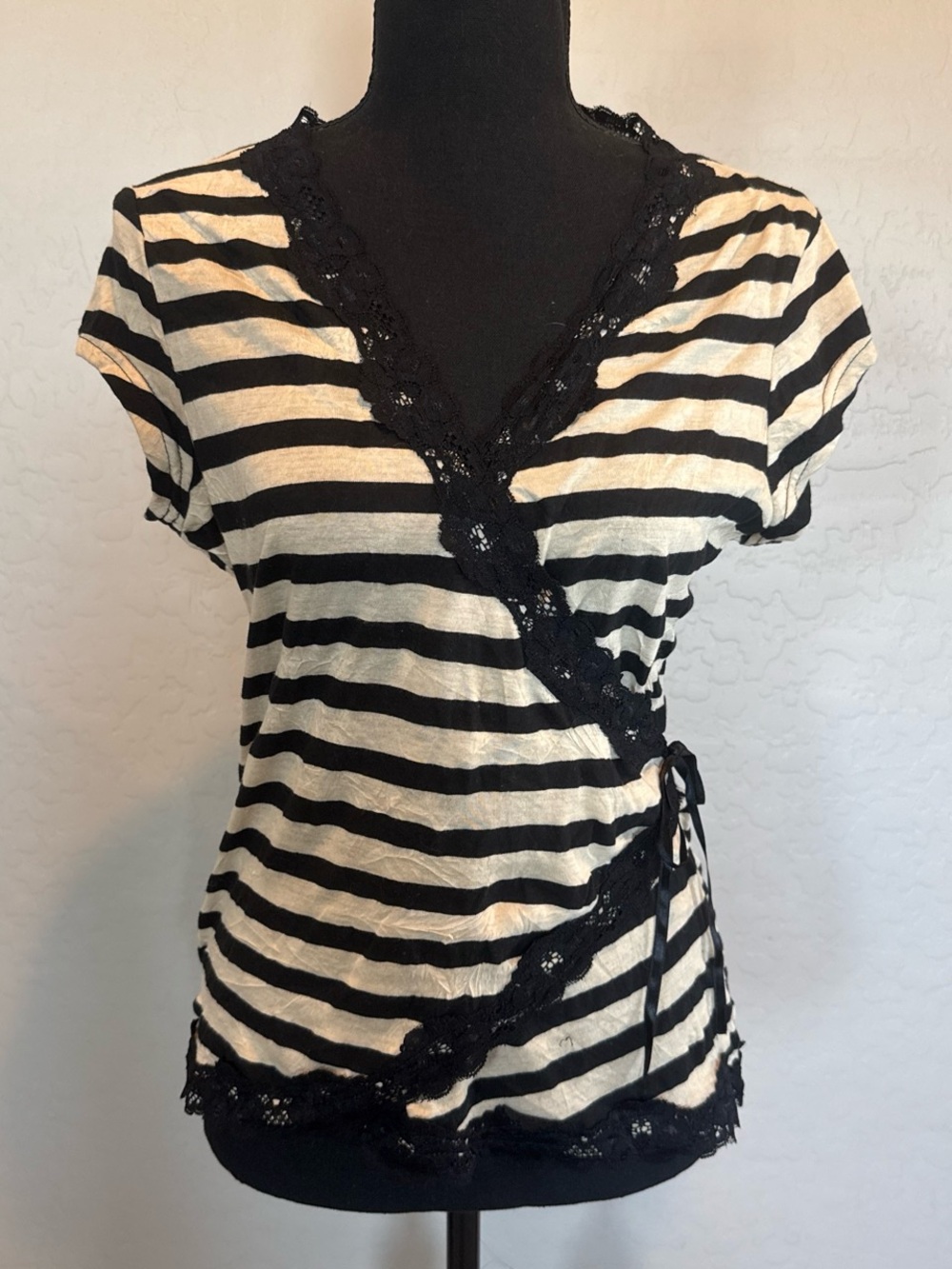 Striped Black and Beige Lace-Trim Wrap Top - Women